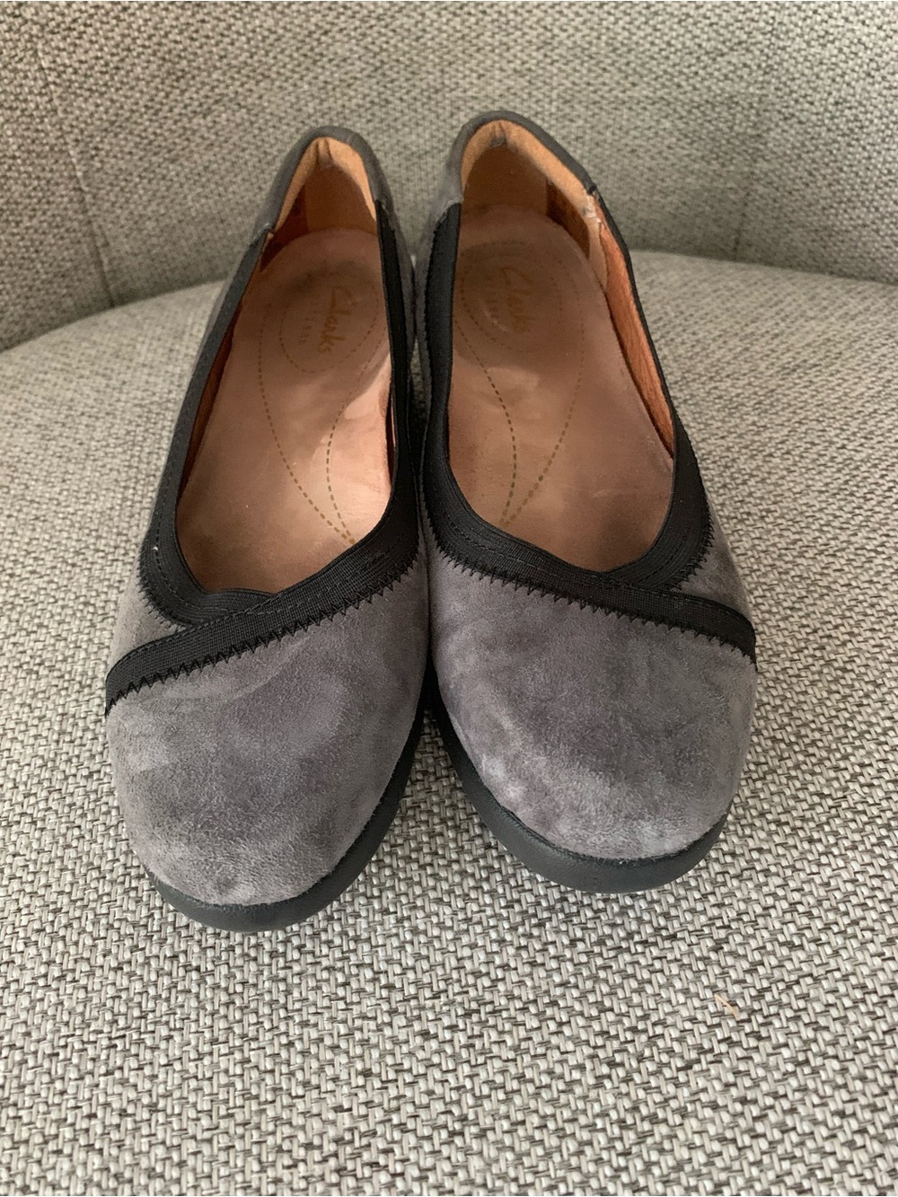 Clarks Gray Suede Slip-On Ballet Flats with Black Trim